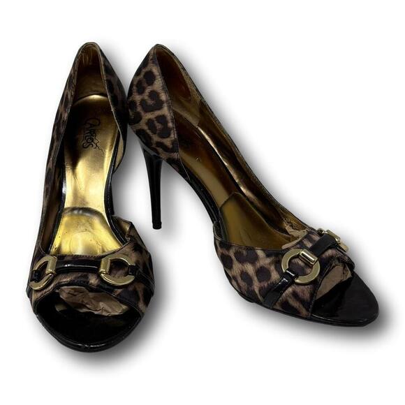 Carlos Santana Leopard Print Peep Toe Stilettos Size 8.5 Animal Print Heels - Picture 1 of 12